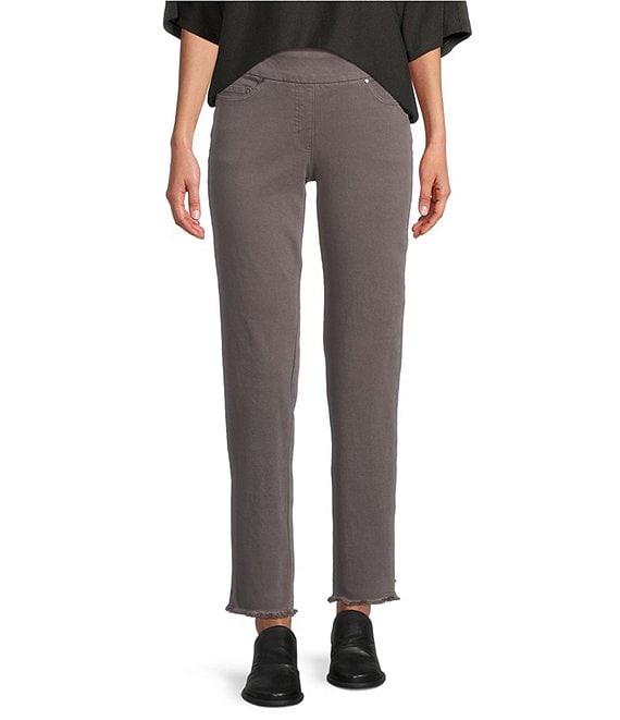 Granite Solid Garment Dyed Straight Leg Fringe Hem Pull-On Ankle Pants