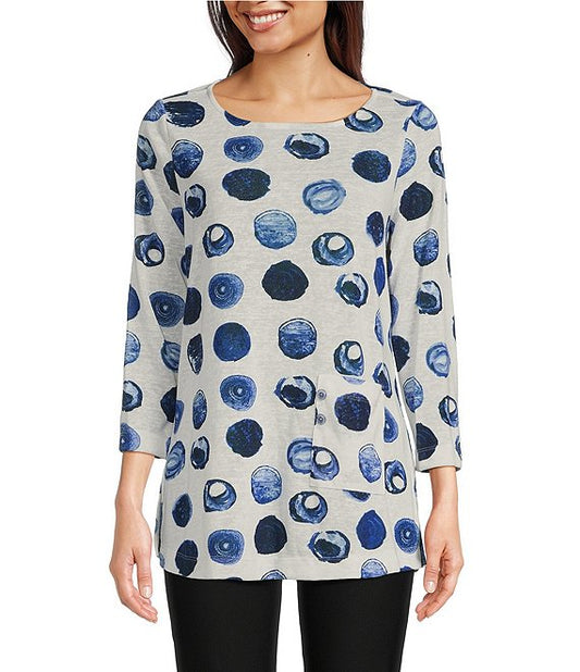 Printed Knit Round Neck 3/4 Sleeve Patch Pocket Tunic