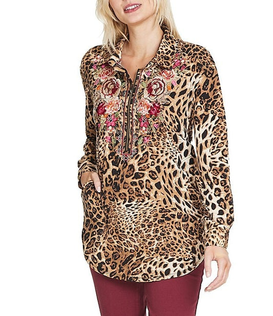 Floral Embroidered Leopard Print Knit Point Collar Long Sleeve Top