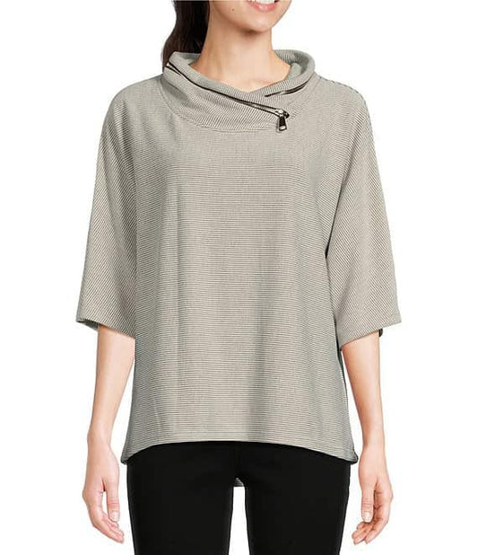 Vanilla Rib Knit Zip Cowl Neck Elbow Sleeve Top