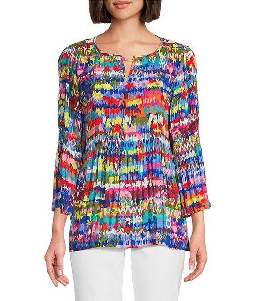 Ikat Woven Crinkle Chevron Ikat Print Split V-Neck 3/4 Flounce Sleeve Tunic