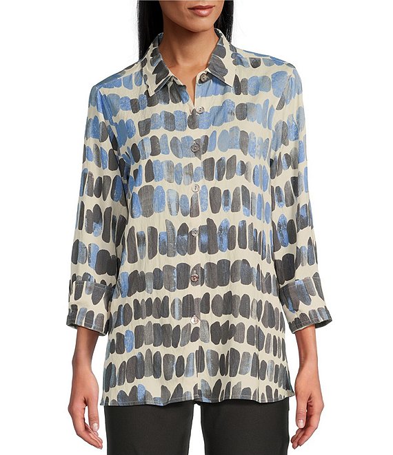 Woven Printed Point Collar 3/4 Sleeve Button-Front Fitted Shirt