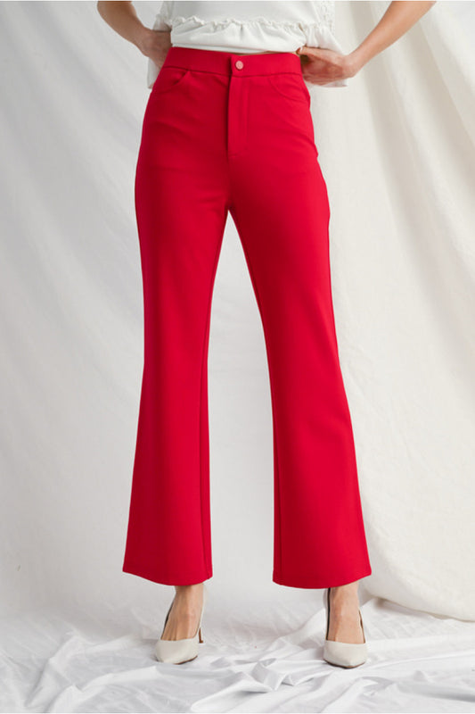 Red Solid bootcut slacks, one button closure, elastic waistband, slightly stretchable, side pockets.