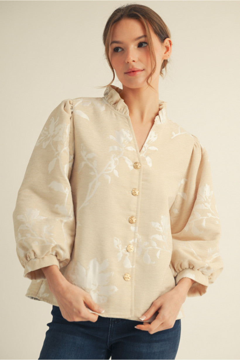 Cream 3/4 sleeves button down floral jacquard top, ruffled mock neckline.