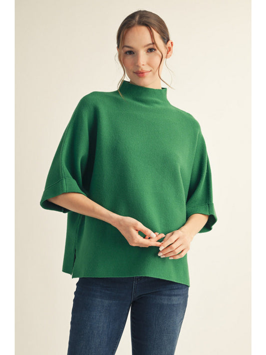Hunter Green Drop shoulder mock neck soft sweater top with side slit detail.