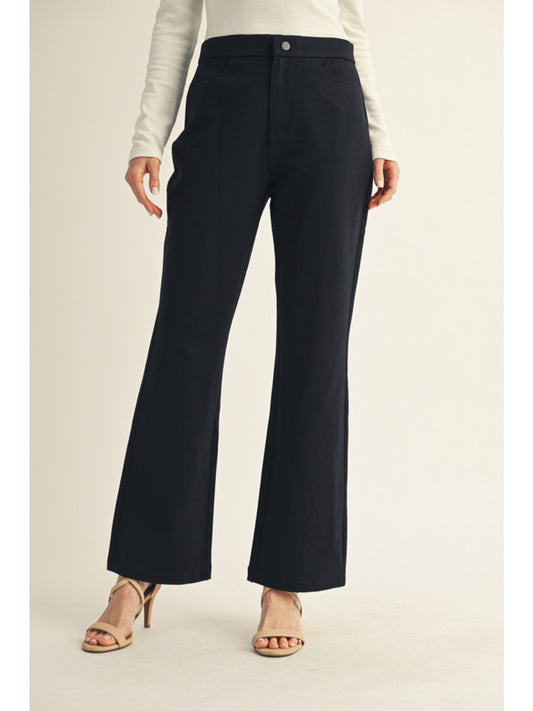 Black Solid bootcut slacks, one button closure, elastic waistband, slightly stretchable, side pockets.