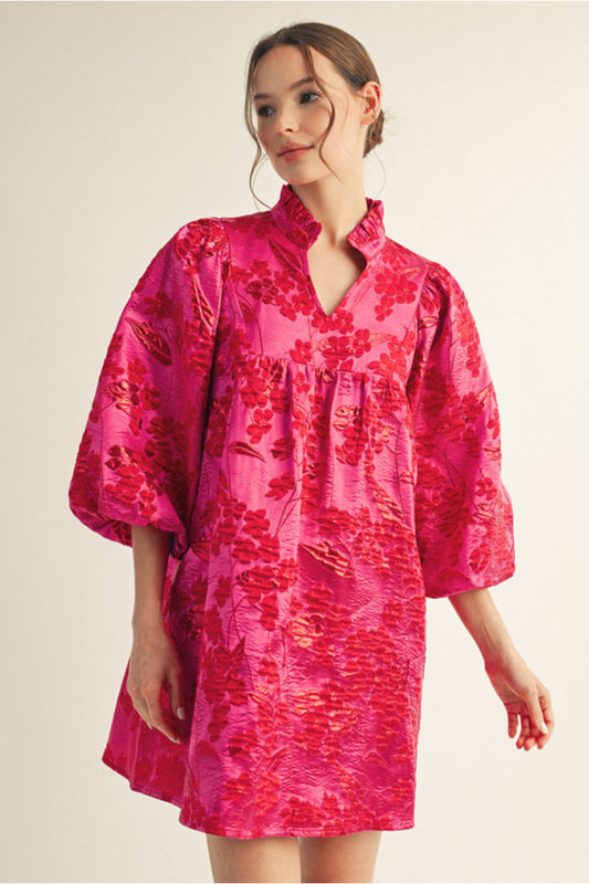Hot Pink Red Mix3/4 puff sleeves floral jacquard dress with ruffled neckline.
