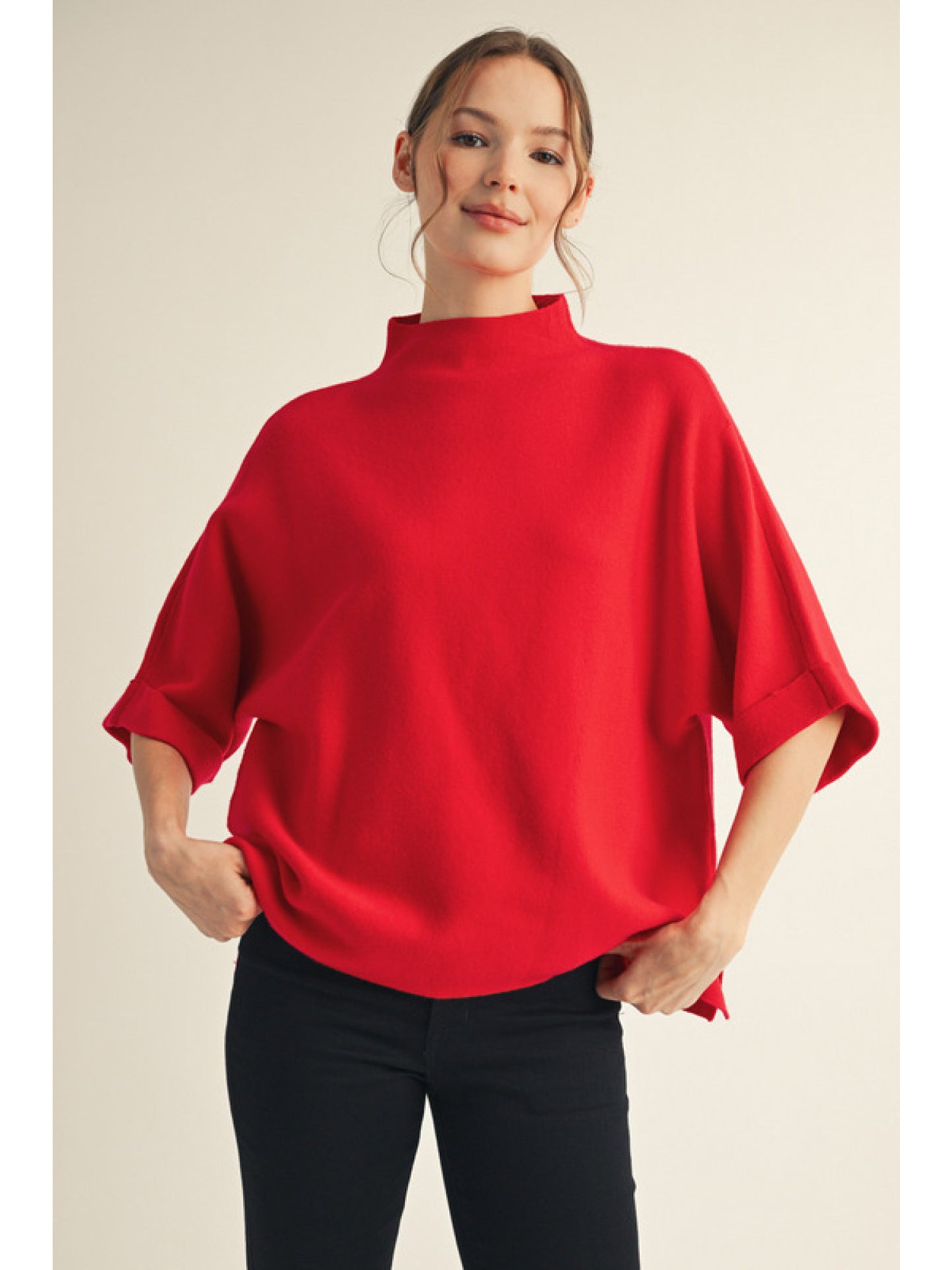 Red Drop shoulder mock neck soft sweater top with side slit detail.