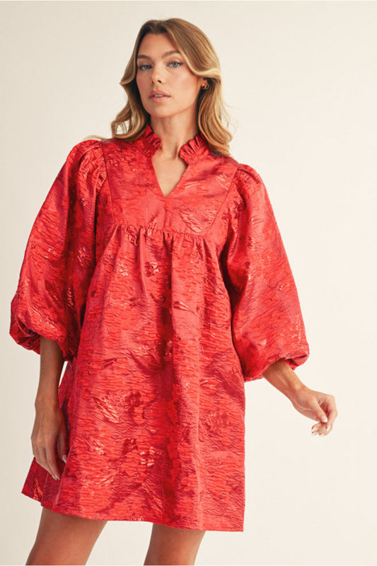 Red 3/4 puff sleeves floral jacquard dress with ruffled neckline.