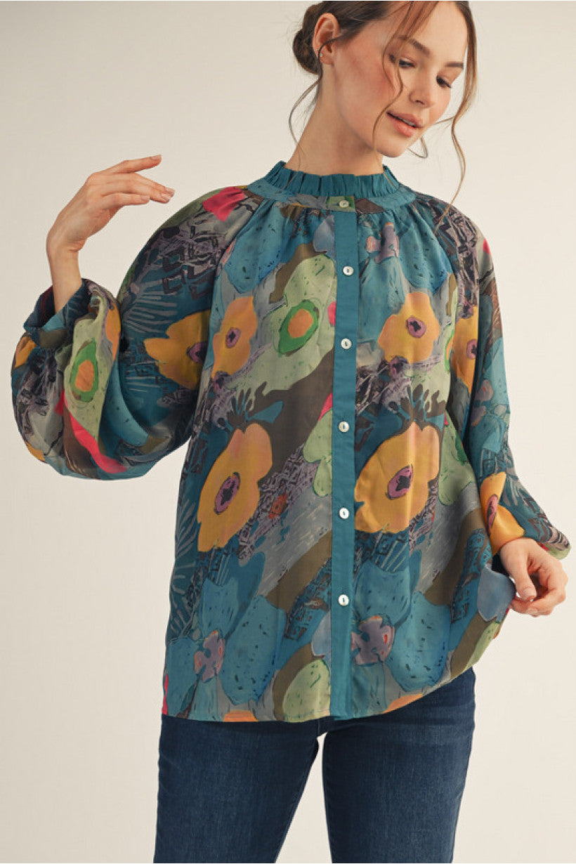 Teal Long balloon sleeves button down floral chiffon top with solid contrast, ruffled neckline.