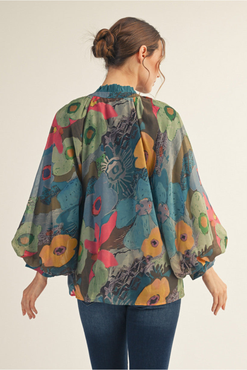 Teal Long balloon sleeves button down floral chiffon top with solid contrast, ruffled neckline.