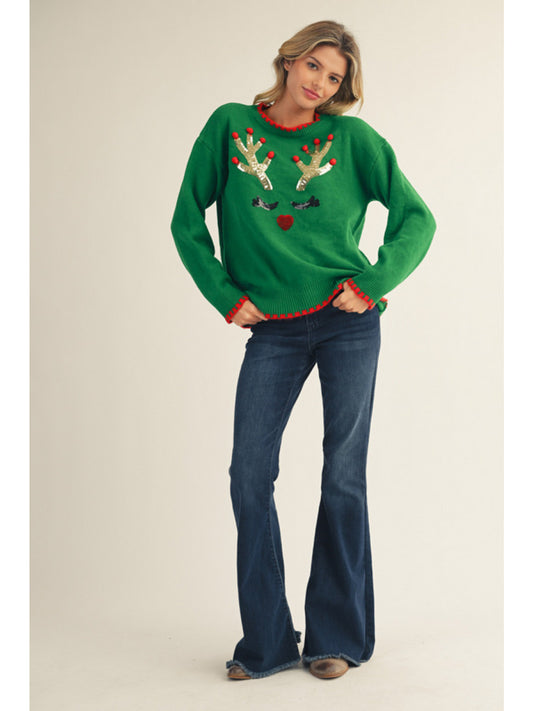 Green sweater top with sequins Rudolf. Christmas sweater.
