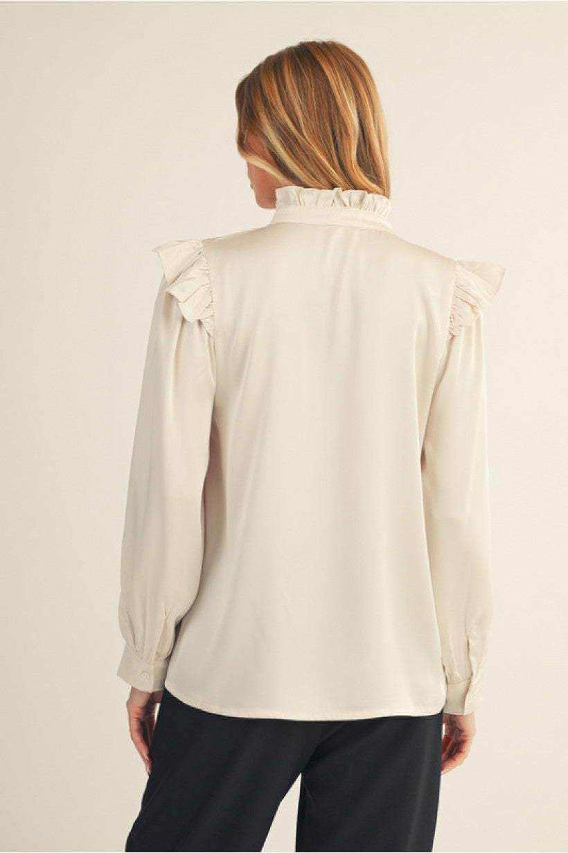 Champagne Long sleeves solid satin top with ruffle detail, front button up, ruffled neckline & shoulder.