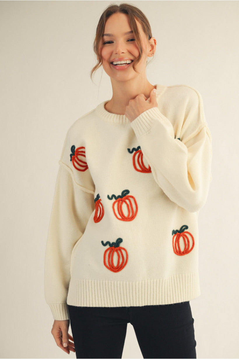 3D pumpkin sweater top, soft & cozy sweater, side slit.