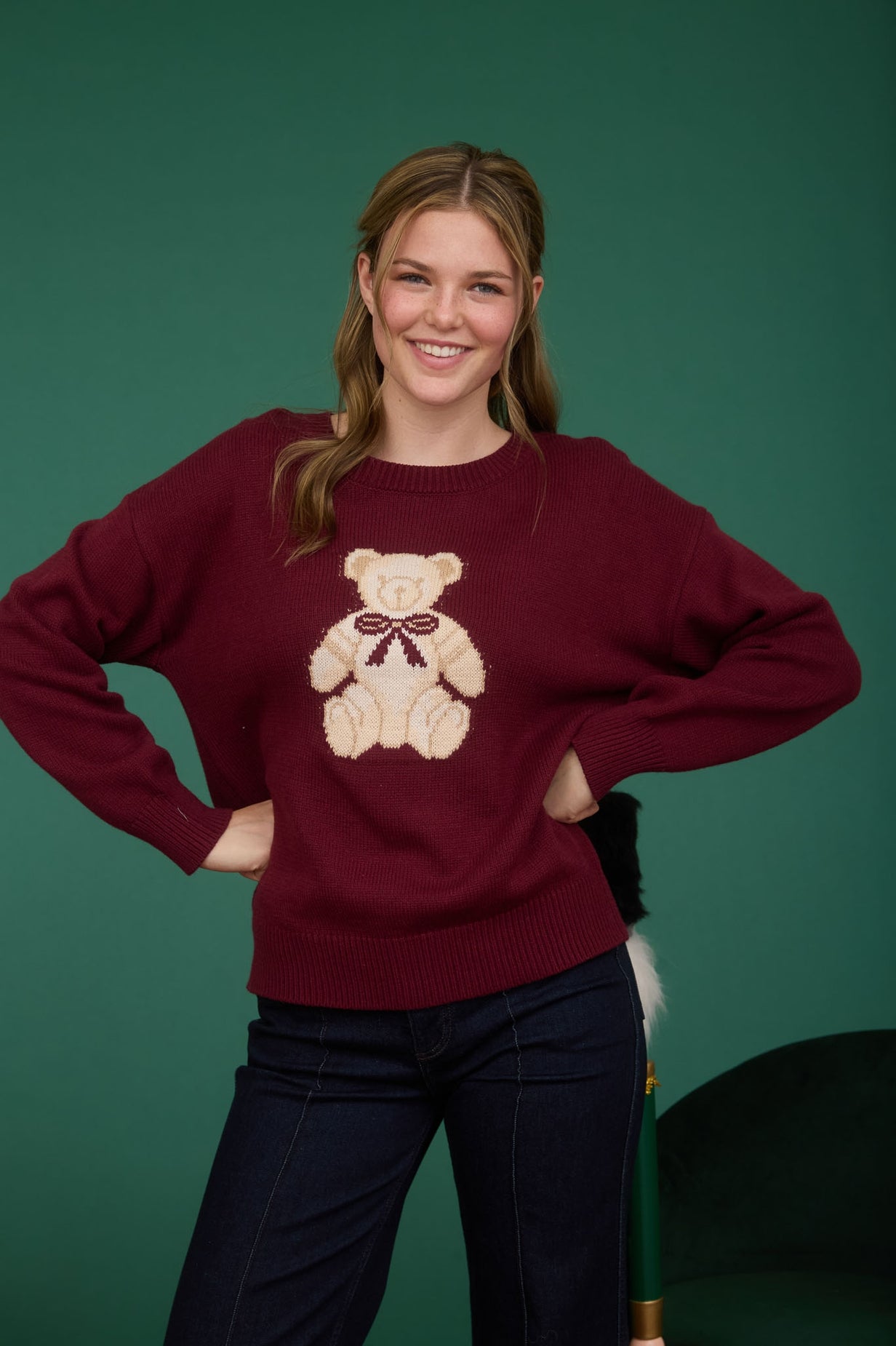 Maroon Teddy Jacquard Crew Neck Knit Pullover Sweater