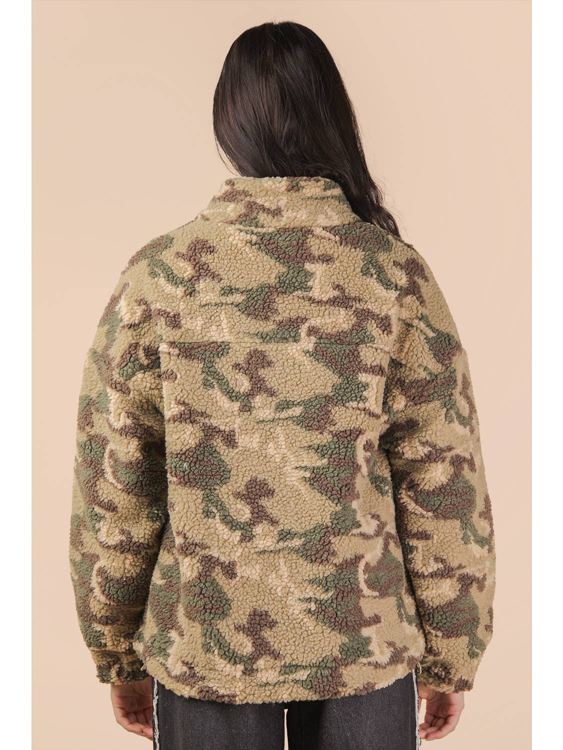 Camo Oversized Trim Detail Printed Casual Fleece Jacket
