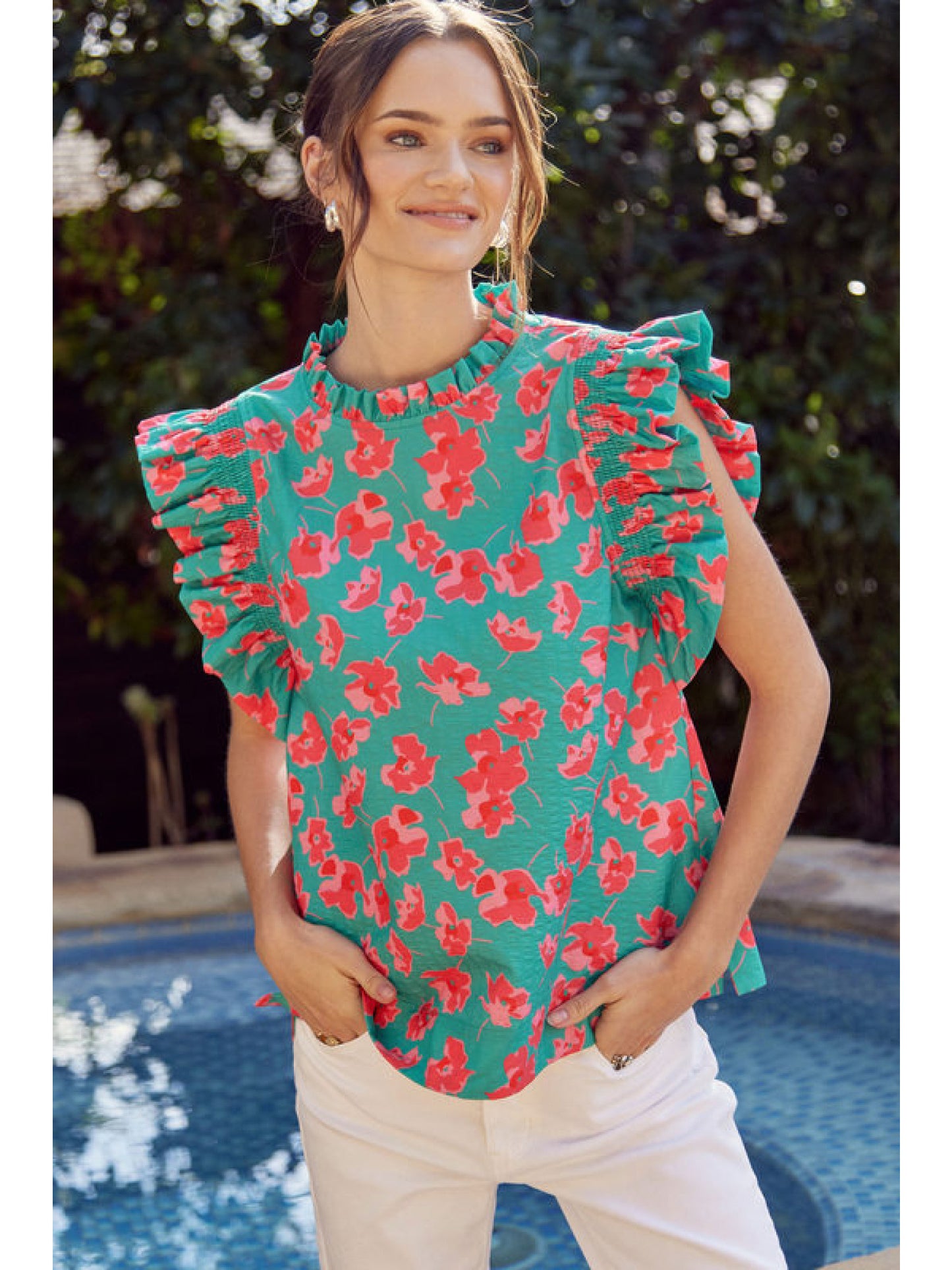 Flower pattern print top with frilled neck