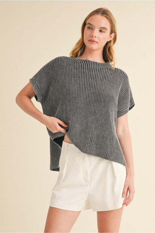 Charcoal Black Textured knit top with mock neck, short kimono sleeves, and side slit detail.