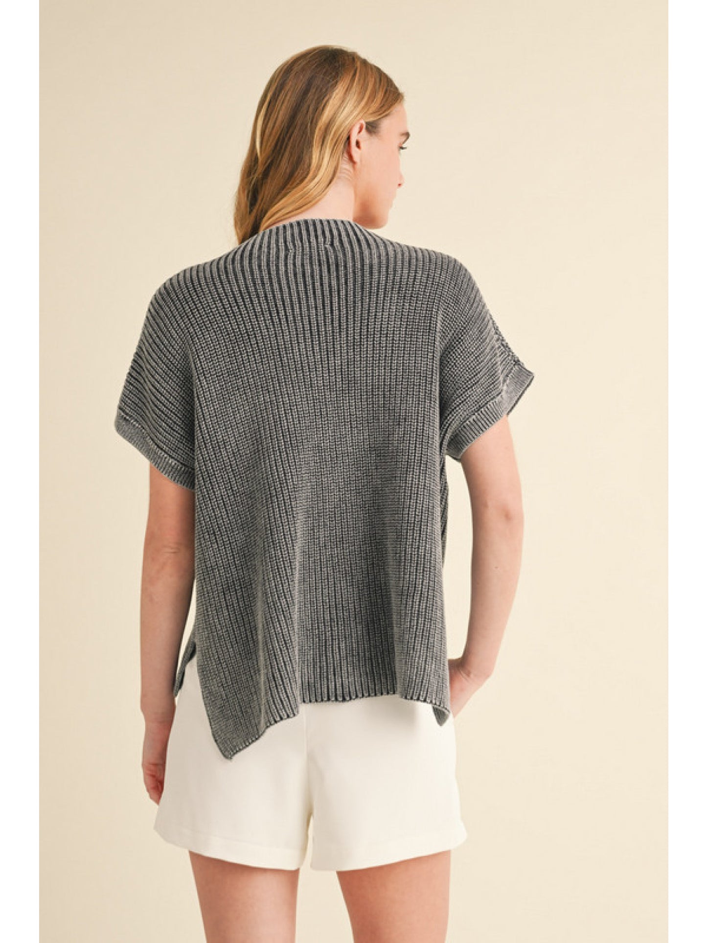 Charcoal Black Textured knit top with mock neck, short kimono sleeves, and side slit detail.