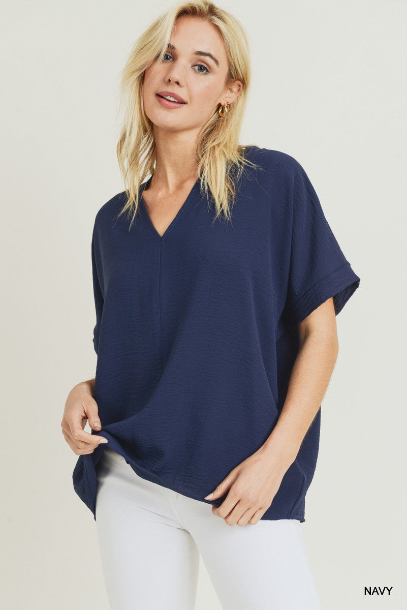 Navy Solid V-neck Boxy Top