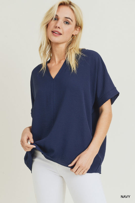 Navy Solid V-neck Boxy Top