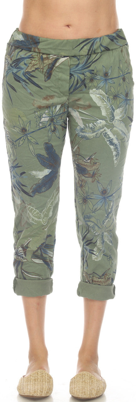 Green and Navy Tropical Pull On Crinkle Pants