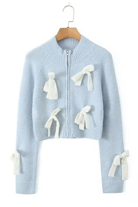 LIGHT BLUE  SOLID FRONT ZIPPER RIBBON CARDIGAN