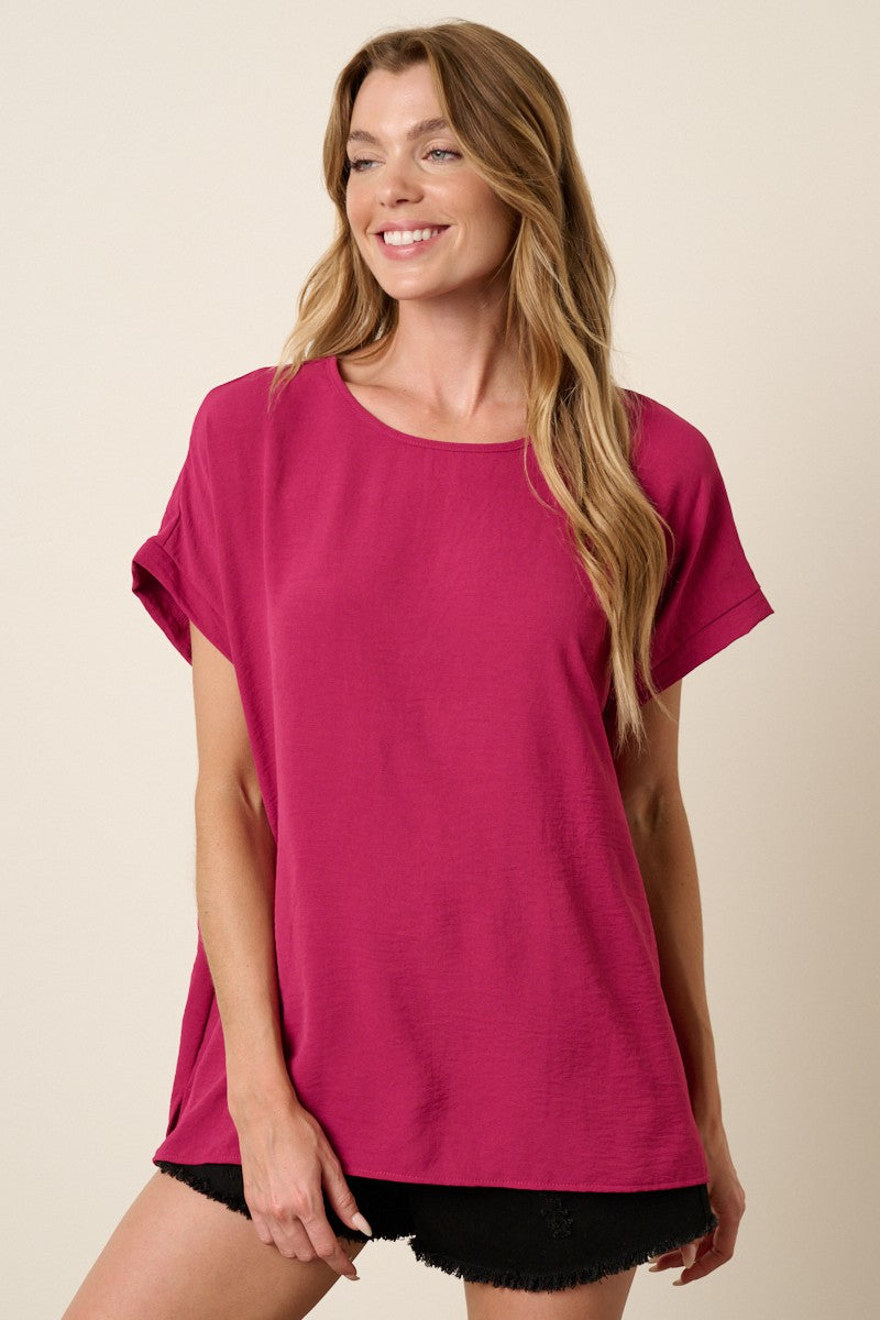 MAGENTA AIRFLOW ROUND NECK DOLMAN SHORT SLEEVE WOVEN TOP