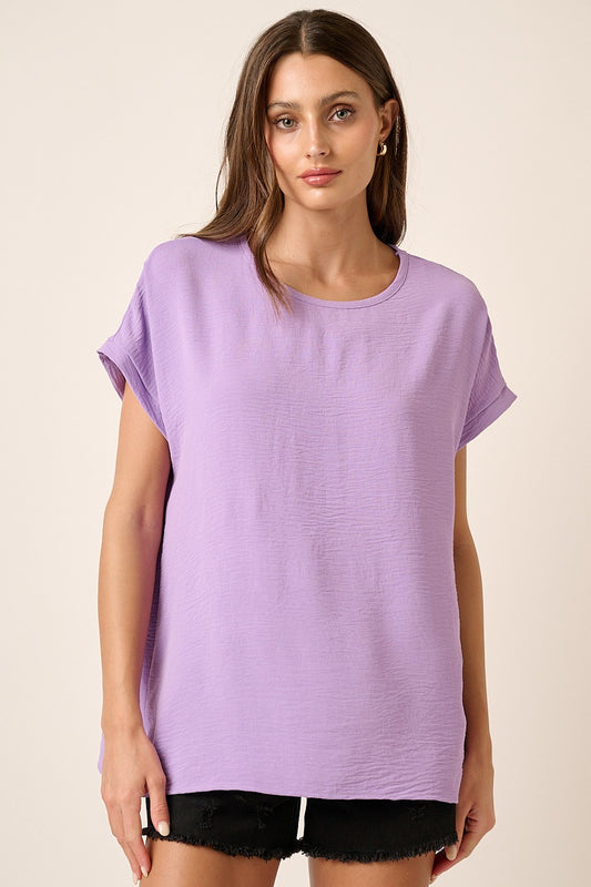 LAVENDER AIRFLOW ROUND NECK DOLMAN SHORT SLEEVE WOVEN TOP