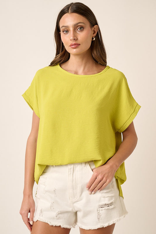 LIME AIRFLOW ROUND NECK DOLMAN SHORT SLEEVE WOVEN TOP