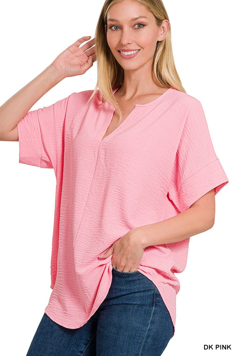 DARK PINK WOVEN AIRFLOW SPLIT NECK SHORT SLEEVE TOP