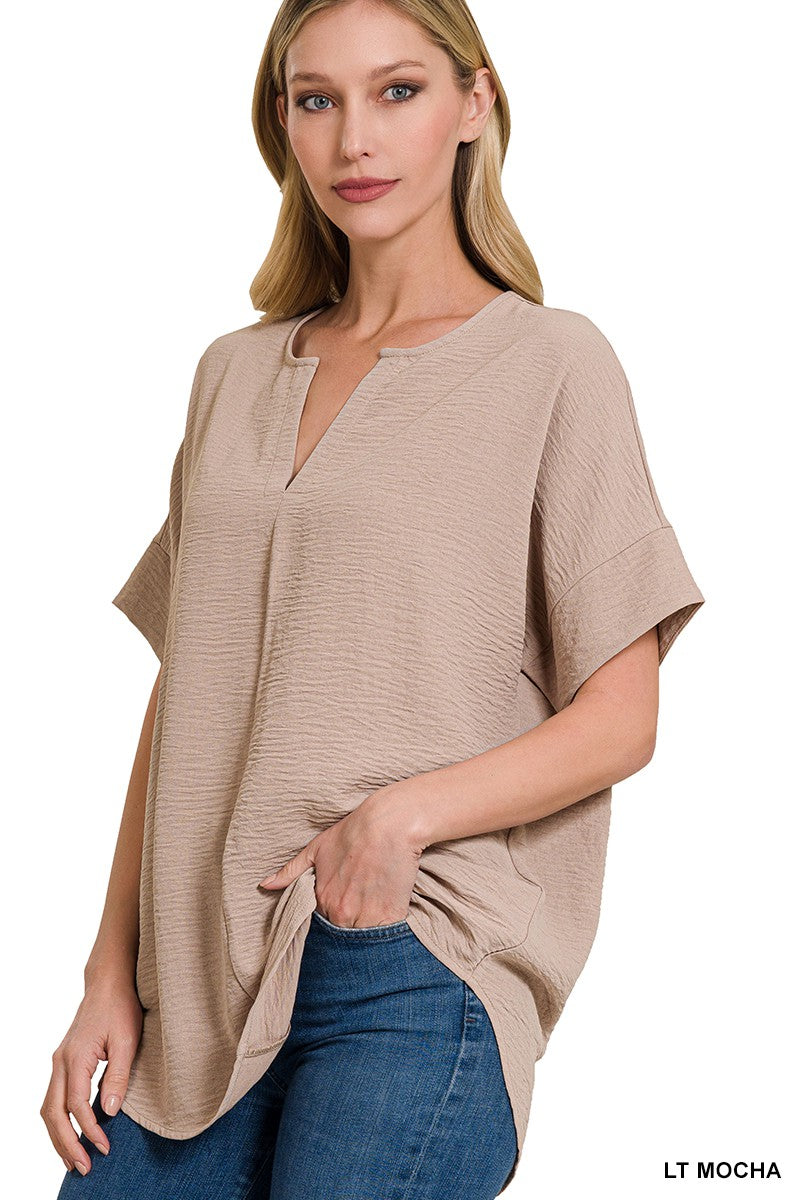 LIGHT MOCHA WOVEN AIRFLOW SPLIT NECK SHORT SLEEVE TOP