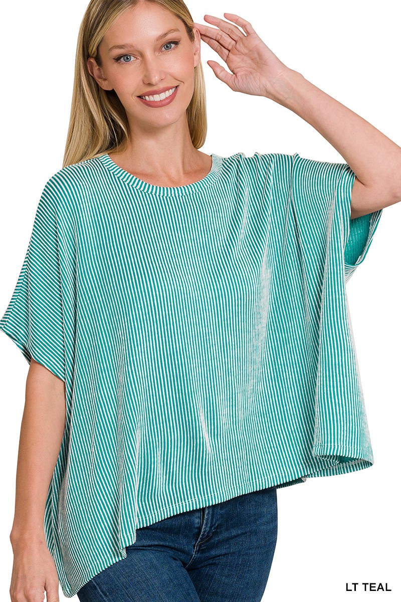 LIGHT TEAL RIBBED STRIPED OVERSIZED SHORT SLEEVE TOP