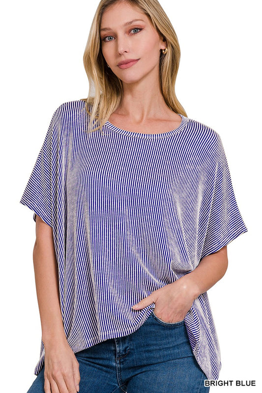 BRIGHT BLUE RIBBED STRIPED OVERSIZED SHORT SLEEVE TOP