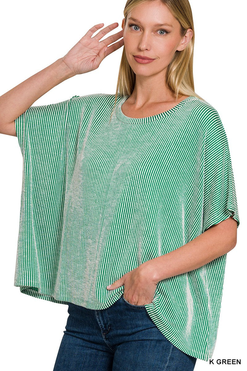 KELLY GREEN RIBBED STRIPED OVERSIZED SHORT SLEEVE TOP