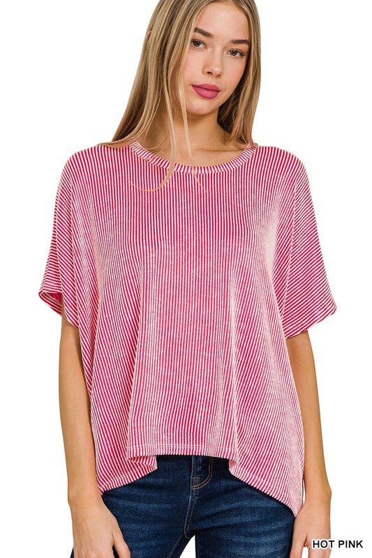 BRIGHT PINK RIBBED STRIPED OVERSIZED SHORT SLEEVE TOP