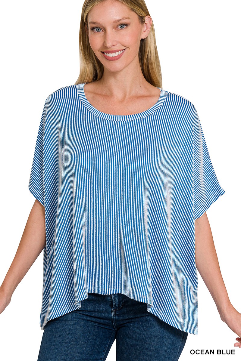 OCEAN BLUE RIBBED STRIPED OVERSIZED SHORT SLEEVE TOP