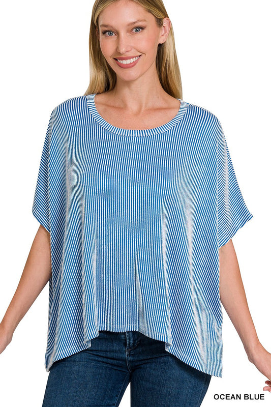 OCEAN BLUE RIBBED STRIPED OVERSIZED SHORT SLEEVE TOP