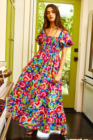 Smocked Bust Poof Sleeve Floral Maxi Dress