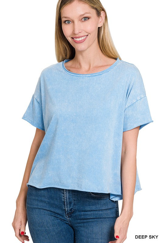 DEEP SKY ACID WASH RAW EDGE SHORT SLEEVE CROP TOP