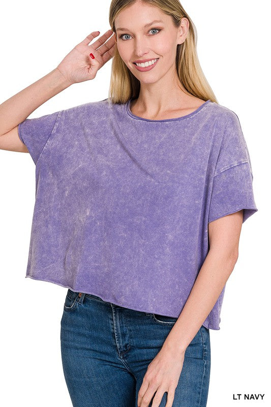 LIGHT NAVY ACID WASH RAW EDGE SHORT SLEEVE CROP TOP