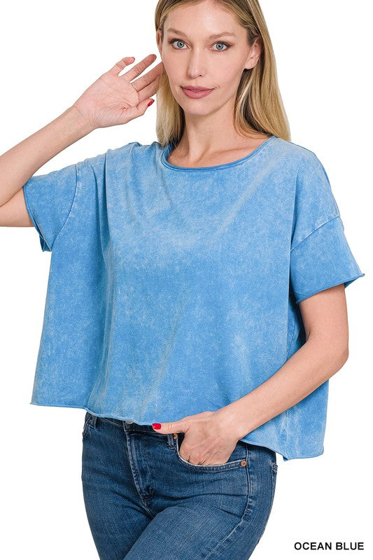 OCEAN BLUE ACID WASH RAW EDGE SHORT SLEEVE CROP TOP