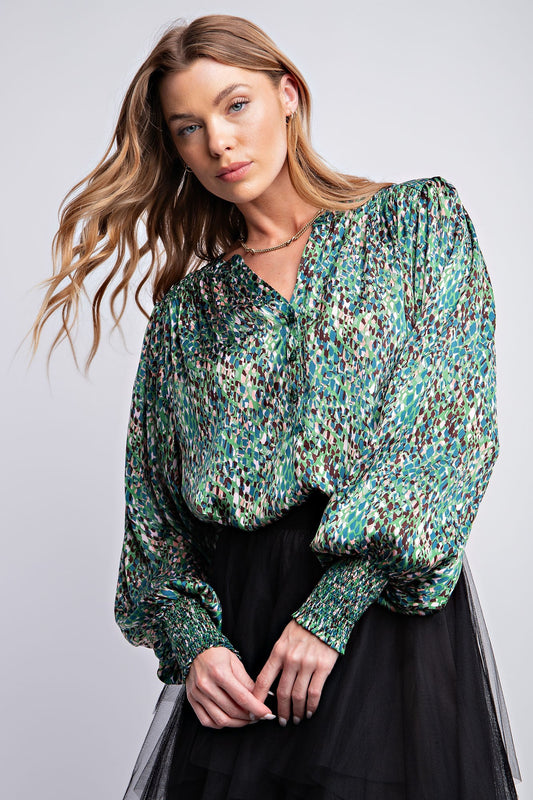 GREEN ABSTRACT PRINTED YORU SATIN BLOUSE