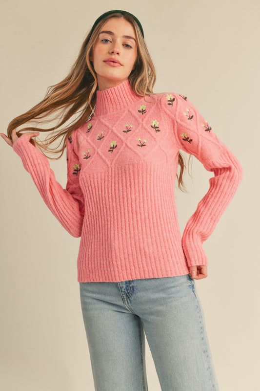 PINK FLORAL TURTLENECK SWEATER WITH FLORAL EMBROIDERY