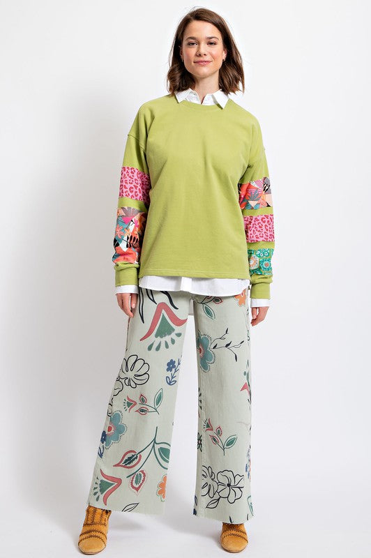 MATCHA PLUS SIZE-MIXED PRINT SLEEVES TERRY PULLOVER