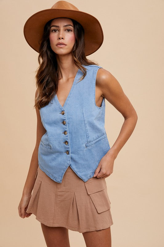 STRETCH DENIM BUTTON DOWN VEST