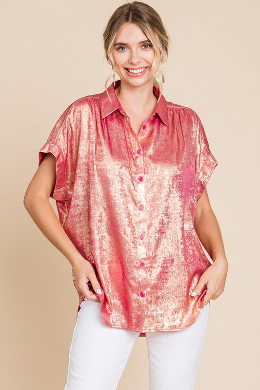 Fucshia Metallic Collared Button Up Top