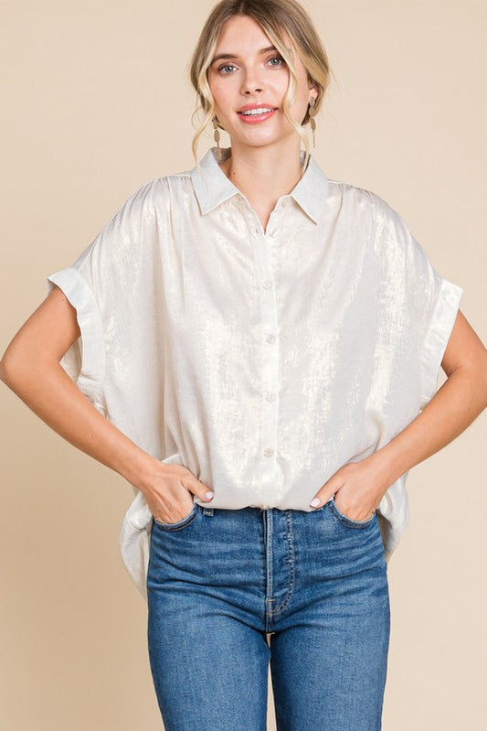 Pearl Metallic Collared Button Up Top