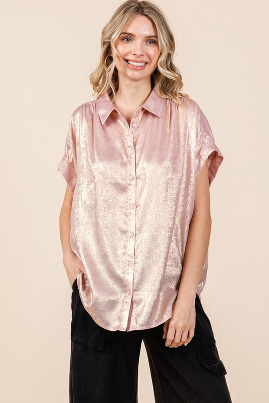 Pink Metallic Collared Button Up Top