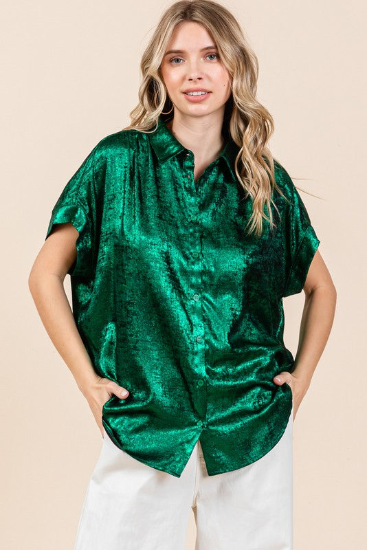 Green Metallic Collared Button Up Top